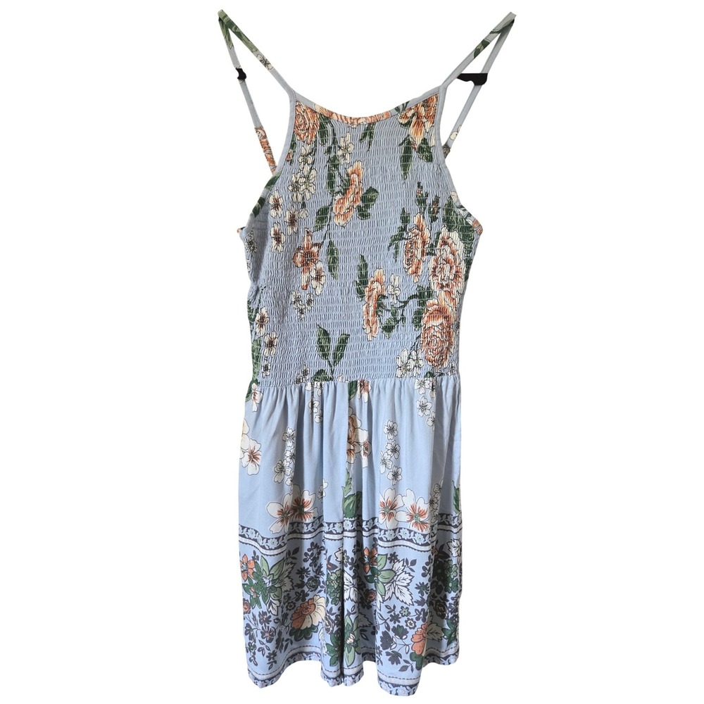 Angie Womens Small Blue Floral Smocked Romper Sleeveless Rayon Boho Bohemian